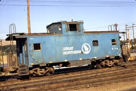 Great Northern Railway Caboose X-58 at Wenatchee, Washington in 1971.