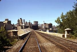 Track view of Great Northern Railway Stone Arch Bridge, Minneapolis, Minnesota in 1969.