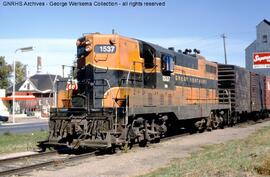 Great Northern Diesel Locomotive 637 at Grove City, Minnesota, undated