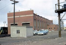 Great Northern Railway Diesel shop building at Great Falls, Montana, in 1974.