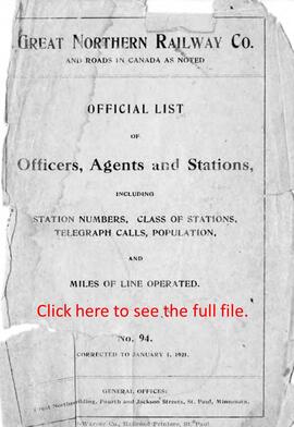 Great Northern Railway Officers, Agents and Stations Number 94, 1921