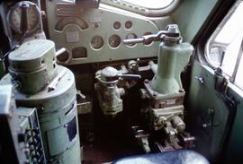 Cab view Engineer's side of Great Northern Railway F unit locomotive.