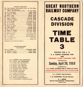 Great Northern Railway (GN) Cascade Division Employee Timetable Number 3, April 28, 1968