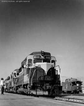 Great Northern type GP30 Number 3000 on the point of an eastbound train departing Wenatchee, Wash...