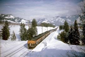 Great Northern Railway Engine 363A and 14 cars at Leavenworth, Washington in 1964.