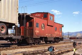 Great Northern Railway Caboose X-103 in red color scheme at Wenatchee, Washington.