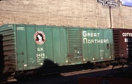 Great Northern Railway Box car 5425, Glacier Green 40' boxcar at Wenatchee, Washington in 1970.