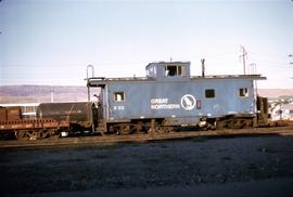 Great Northern Railway Caboose X-92 in Big Sky Blue color scheme at Wenatchee Washington in 1970.