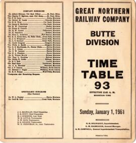 Great Northern Railway (GN) Butte Division Employee Timetable Number 93, January 1, 1961