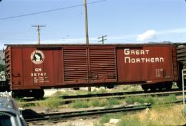 Great Northern Railway Box car 35747, 50' double door red box slanted letters at Wenatchee, Washi...