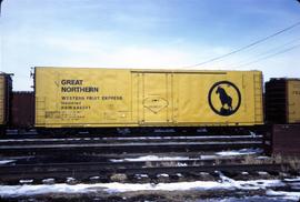 Great Northern Railway Refrigerator car 64541 at Lincoln, Nebraska in 1969.