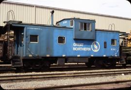 Great Northern Railway Caboose X-145 in Big Sky Blue color scheme at Seattle Washington in 1969.