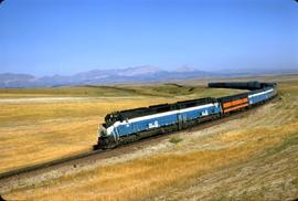 Great Northern Railway Train Number 32, Empire Builder, on curve west of Cutbank, Montana in 1969.