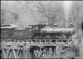 Everett and Monte Cristo Railway steam locomotive 99 at Monte Cristo Branch, Washington, circa 1915.