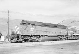 Burlington Northern diesel locomotive 6566 at Missoula, Montana in 1972.