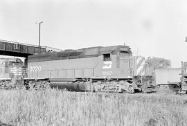 Burlington Northern diesel locomotive 3020 at Galesburg, Illinois in 1972.