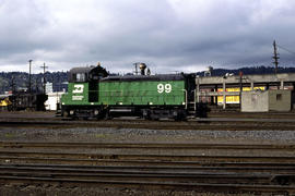 Burlington Northern Railroad Company diesel locomotive 99 at Portland, Oregon in 1978.