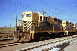 Butte, Anaconda and Pacific Railway diesel locomotive 107 at Rocker, Montana in 1964.