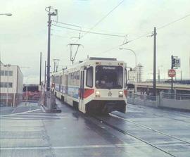 Tri-County Metropolitan Transportation District of Oregon Railcars at Portland, Oregon in 1989.