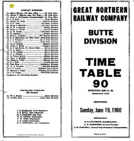 Great Northern Railway (GN) Butte Division Employee Timetable Number 90, June 19, 1960