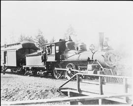 Port Townsend Southern Railroad steam locomotive 858 at Tenino, Washington in 1910.