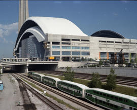 Toronto GO Transit commuter trains at Toronto, Ontario on July 05, 1990.