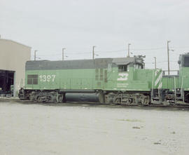 Burlington Northern diesel locomotive 1397 at Tulsa, Oklahoma in 1982.