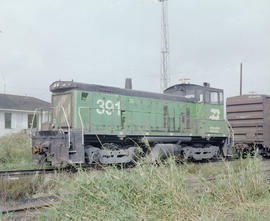 Burlington Northern diesel locomotive 391 at Seattle, Washington, circa 1978.