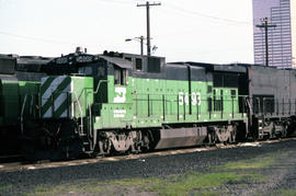 Burlington Northern Railroad Company diesel locomotive 5498 at Portland, Oregon in 1987.