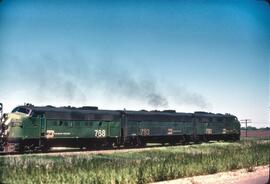 Burlington Northern Diesel Locomotives 780, 783 and 768 at Fergus Falls, Minnesota in 1981