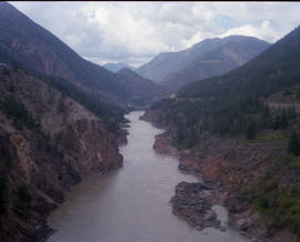 British Columbia Railway Company landscape of the Fraser River Canyon in British Columbia in Augu...