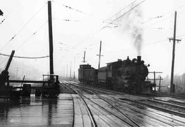 Pacific Coast Railroad steam locomotive at Maple Valley, Washington, circa 1943.