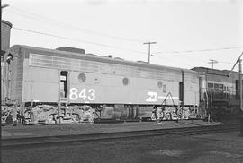 Burlington Northern diesel locomotive 843 at Vancouver, Washington in 1974.