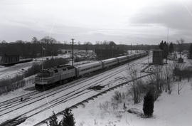 Amtrak diesel locomotive 200 leads an Amtrak train at Old Saybrook, Connecticut on January 28, 1977.