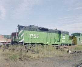 Burlington Northern diesel locomotive 1765 at Bovill, Idaho in 1981.