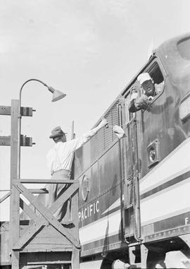 Northern Pacific diesel locomotive at Stampede, Washington, in 1945.