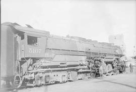 Northern Pacific steam locomotive 5107 at Drummond, Montana, in 1939.