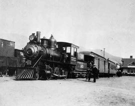 Pacific Coast Railway steam locomotive number 104 at San Luis Obispo, California, circa 1895.