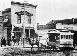 Tacoma Railway and Power Company horse-drawn streetcar at Tacoma, Washington in 1890.