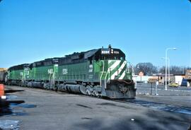 Burlington Northern Diesel Locomotives Number 6394, Number 6483, and Number 8130 in Breckenridge,...
