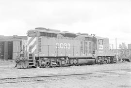 Burlington Northern diesel locomotive 2033 at Minneapolis, Minnesota in 1973.