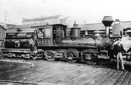 Columbia and Puget Sound Railroad steam locomotive number 5 at Seattle, Washington, circa 1890.