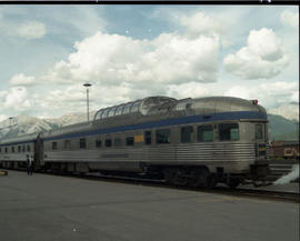 VIA Rail Canada passenger car at Jasper, Alberta on July 09, 1990.