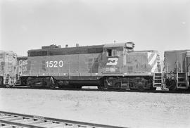 Burlington Northern diesel locomotive 1520 at Libby, Montana in 1971.