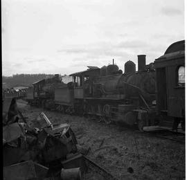 Pacific Coast Railroad steam locomotives number 14 and 17 near Kent, Washington, circa 1952.