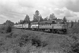 Amtrak diesel locomotives 9758 at between Rainier and Yelm, Washington on June 27, 1971.