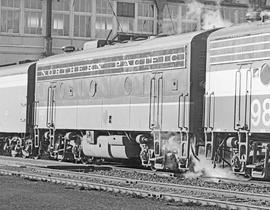 Burlington Northern diesel locomotive 9817 at Tacoma, Washington in 1971.