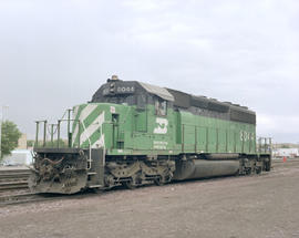 Burlington Northern diesel locomotive 8044 at Shelby, Montana in 1990.