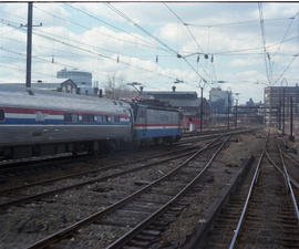 Amtrak passenger train near Newark, New Jersey in April 1988.