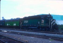 Burlington Northern 2221, Burlington Northern 805 at Vancouver, British Columbia in 1980.